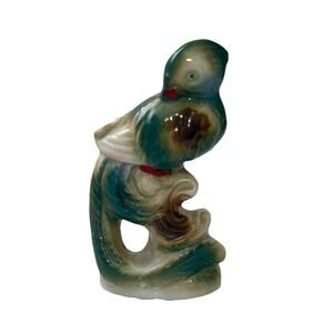 Vintage Bird Figurine Ceramic Green Brown Perched On Branch Japan